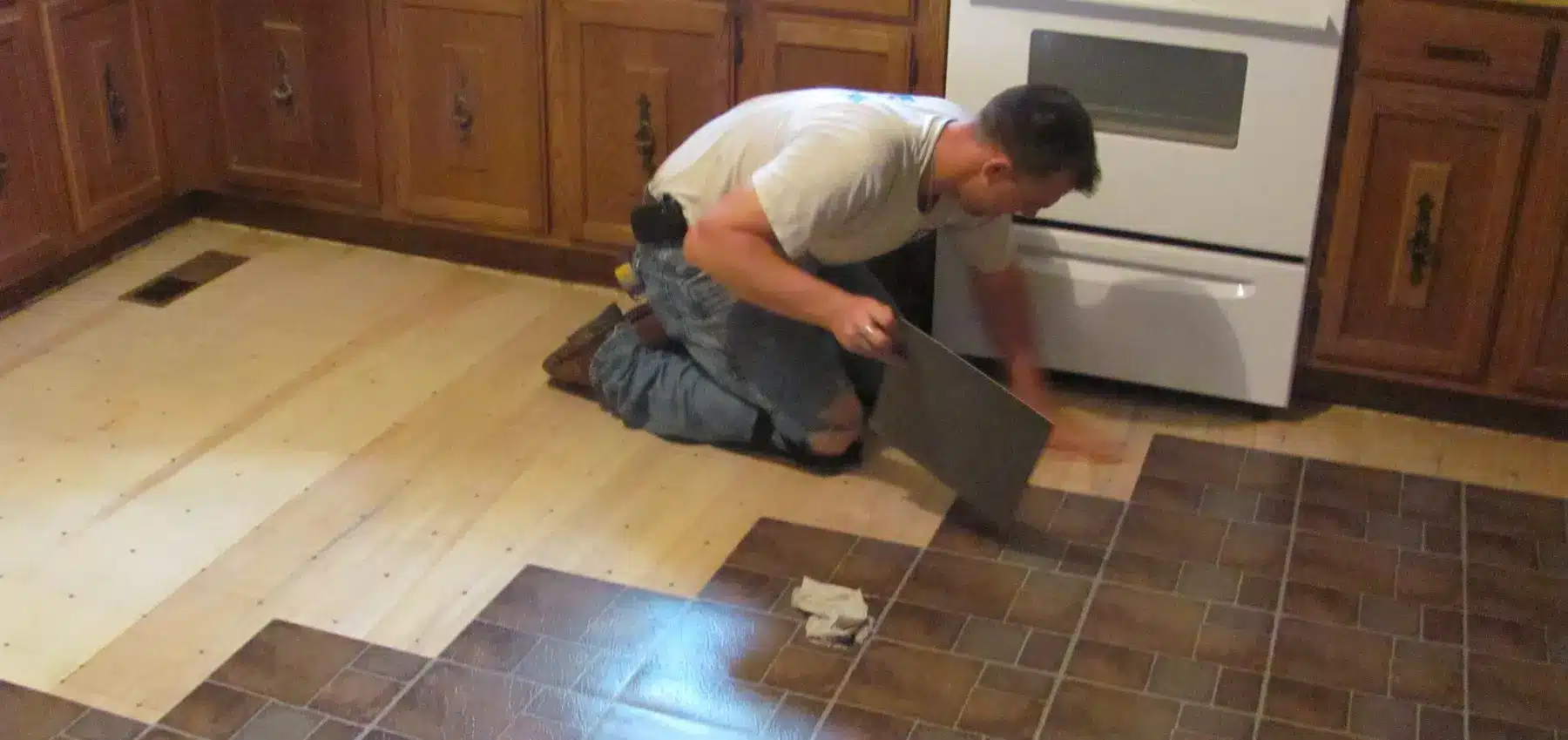 Volunteers installing flooring